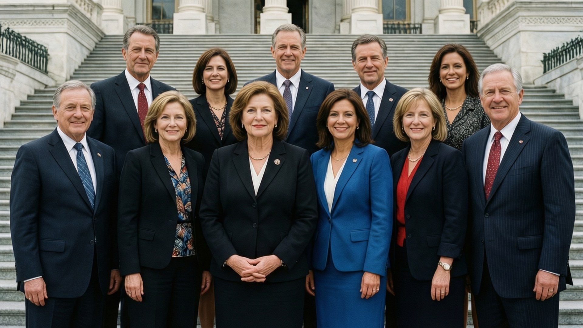 Senate Colleagues 壁紙 — 十位身穿西裝的政治家站在政府大樓宏偉大理石階梯上的正式團體肖像。