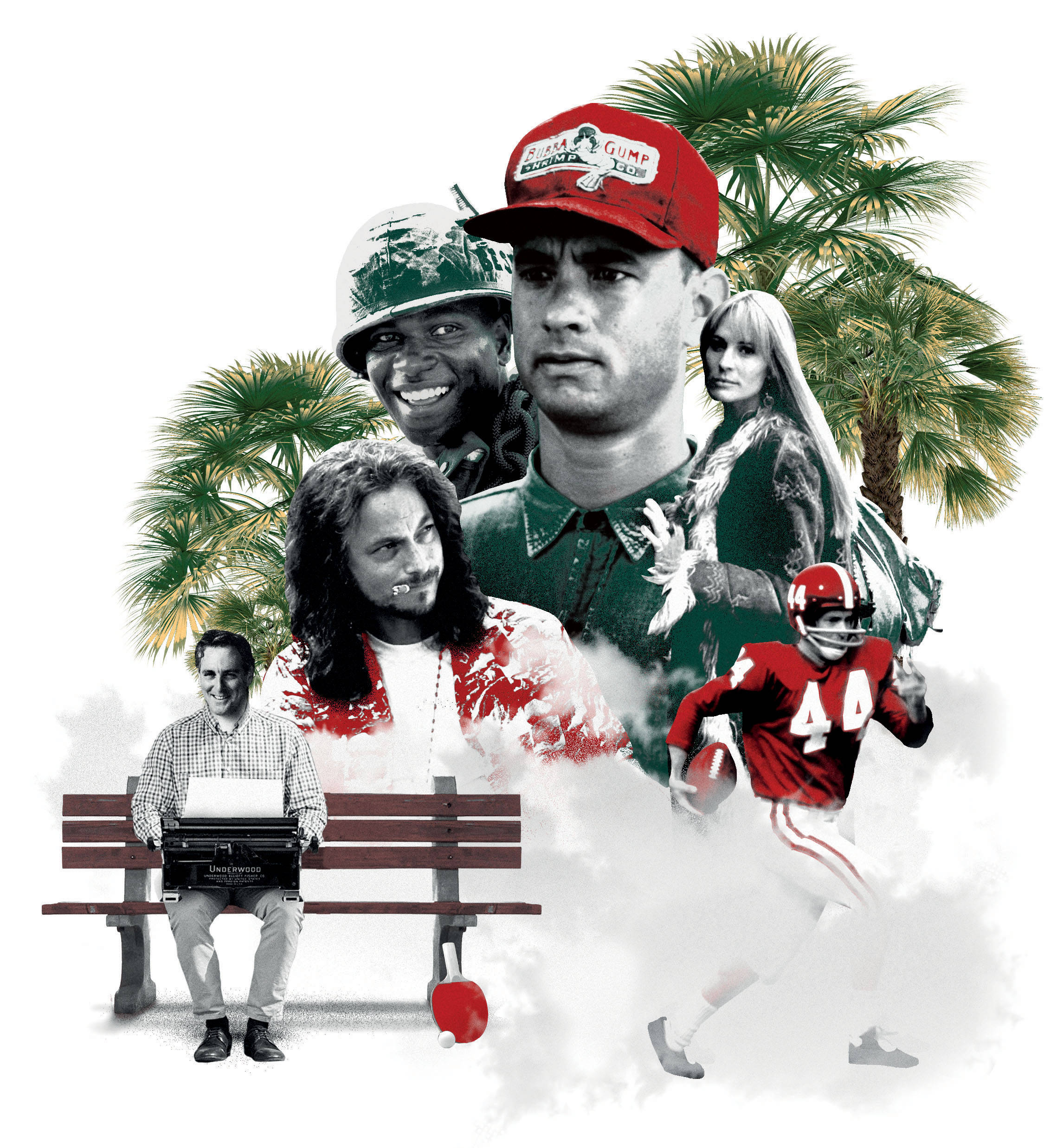 Forrest Gump 數位編輯肖像照 壁紙 — 一幅包含經典電影角色的拼貼畫，包括阿甘、一名足球運動員和一名打字員，坐在長椅上，背景是棕櫚樹。