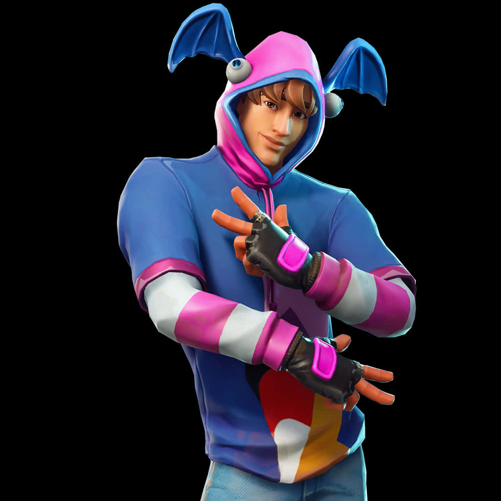 Fortnite兔耳連帽衫角色姿勢 壁紙 — 一個《要塞英雄》角色穿著藍色和粉紅色蝙蝠耳連帽衫，在黑色背景前做出和平手勢。