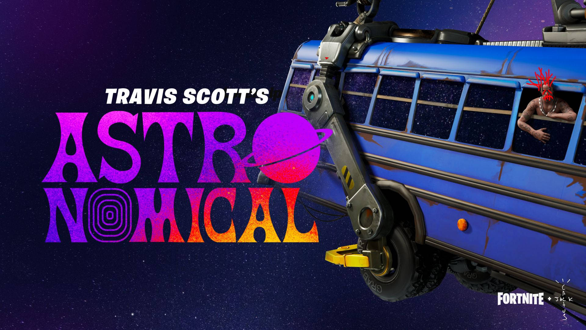 《Fortnite》特拉維斯·斯科特天文巴士 壁紙 — 一輛藍色校車漂浮在繁星點點的紫色星系中，Travis Scott 的「Astronomical」標誌以鮮豔的漸變文字發光。