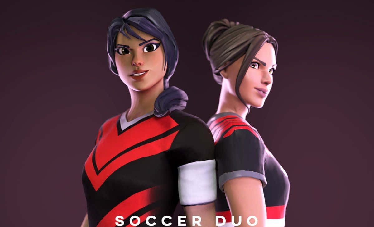 《Fortnite》足球皮膚桌面顯示 壁紙 — 兩名動畫女足球員身穿紅黑球衣，背對背站在深紫色背景前。
