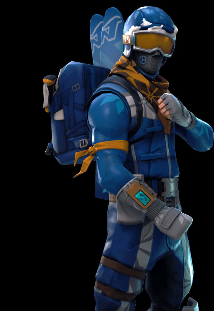 Fortnite藍色服裝角色 壁紙 — 一個藍色裝甲角色，戴著護目鏡，背上揹著滑雪板，以數碼藝術風格準備就緒。
