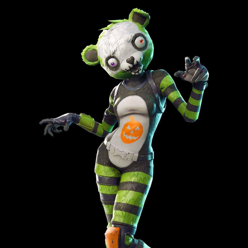 Fortnite殭屍熊貓皮膚 壁紙 — 一個風格化的殭屍熊貓角色，穿著綠色和灰色條紋服裝，帶有南瓜標誌，在黑色背景前擺姿勢。