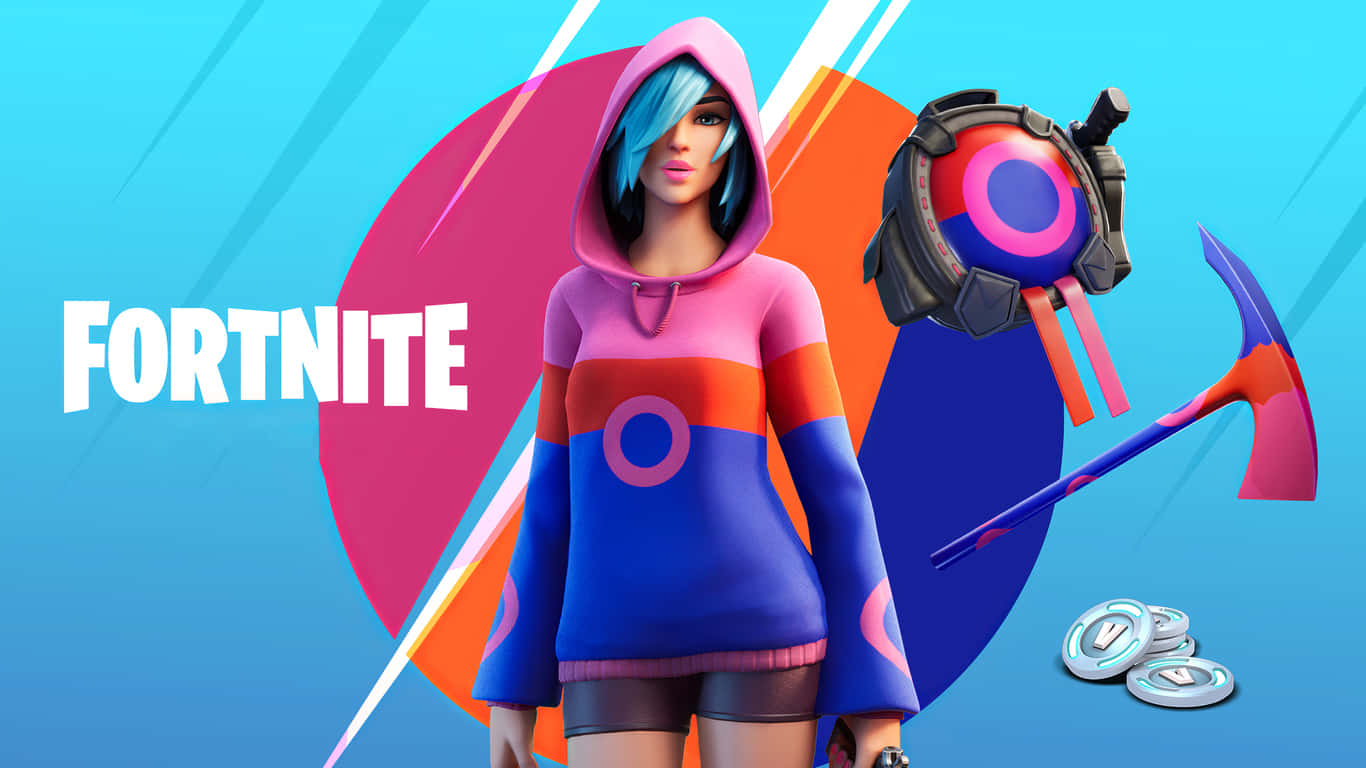 穿著彩色連帽衫的Fortnite角色，手持鎬和滑翔機，背景為幾何圖案。