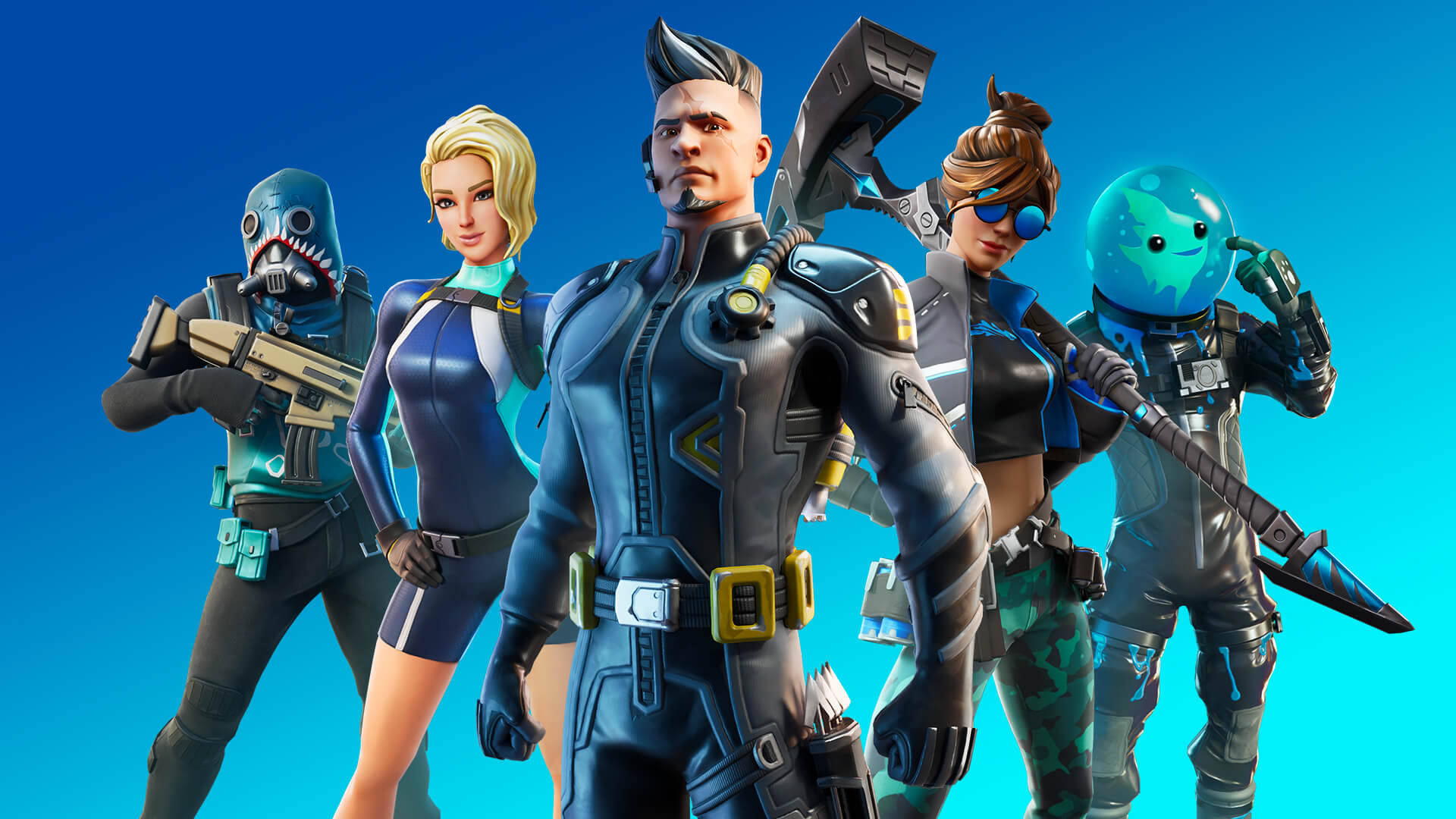 五個穿著未來裝備嘅Fortnite角色喺藍色漸變背景前手持武器擺姿勢。