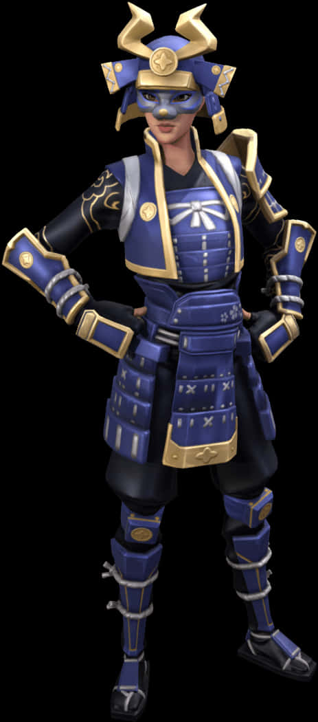 《Fortnite》武士皮膚角色 壁紙 — 一位身穿精細藍金色鎧甲的女武士自信地站在黑色背景前。