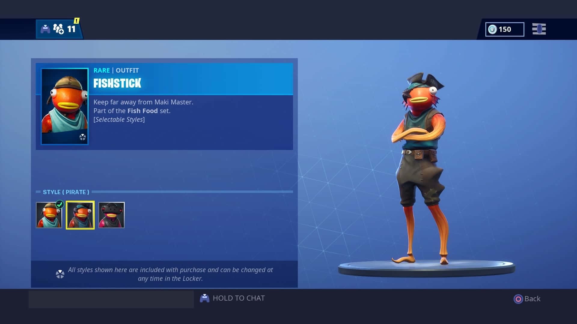 解鎖《Fortnite》新武器「魚棒」 壁紙 — 一個名為 Fishstick 的稀有魚類主題海盜角色自信地站在一個帶有可選風格選項的電子遊戲庫存畫面上。