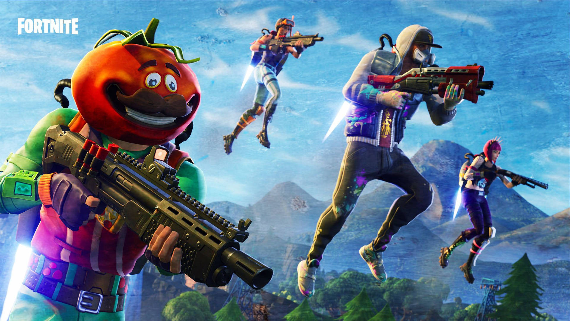 Fortnite角色帶著發光武器在山上跳傘