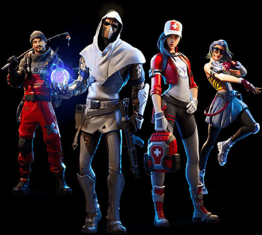 Fortnite 角色展示 壁紙 — 四個風格化的電子遊戲角色身穿戰鬥裝備，站在黑色背景前，散發著能量和醫療主題的光芒。