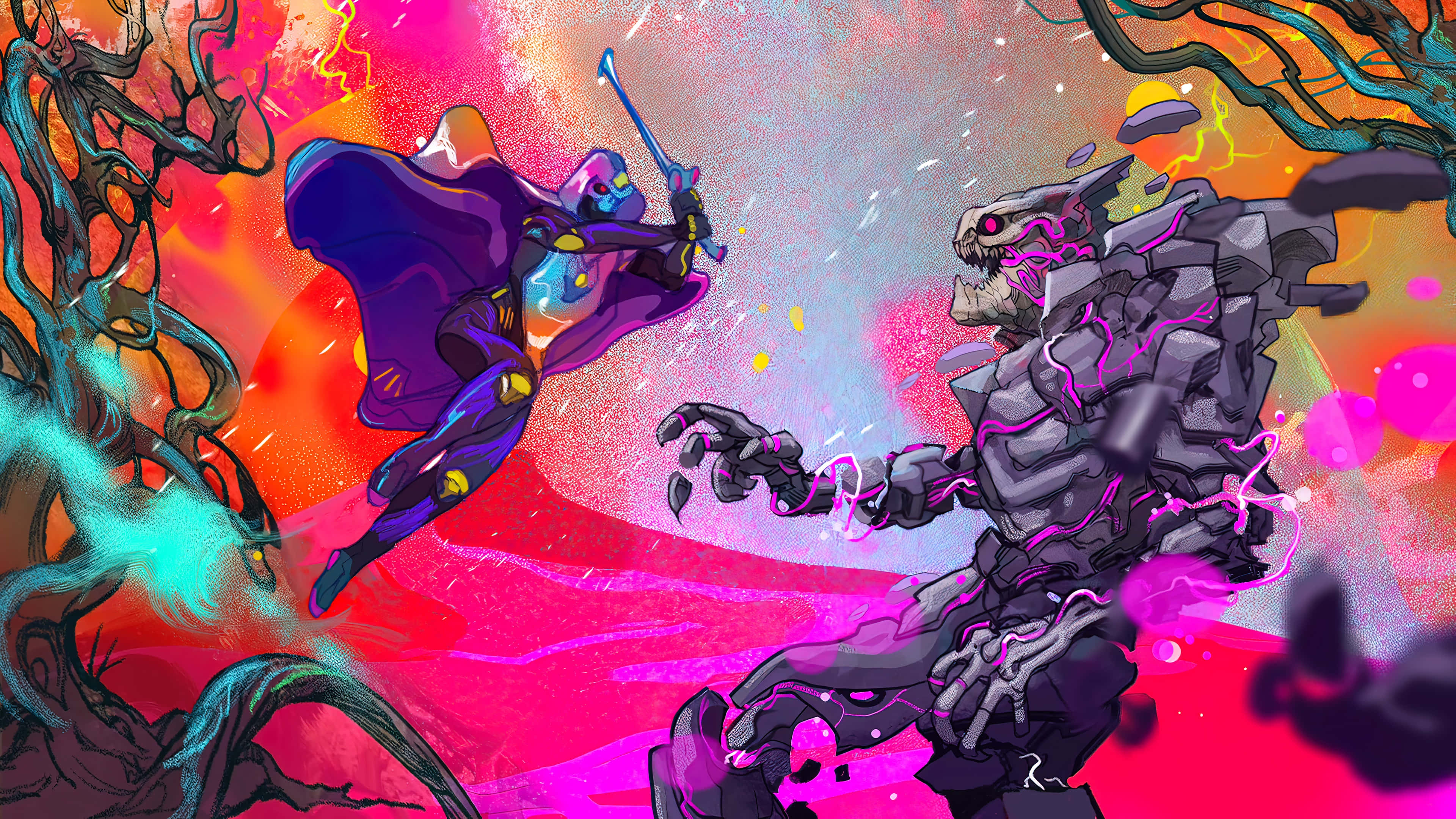 《Fortnite 章節3 季節1》激戰開始，征服全新世界 壁紙 — 一位身穿紫色服裝的英雄跳躍攻擊一個巨大的石魔像，周圍是混亂的霓虹粉紅和橙色能量爆發。