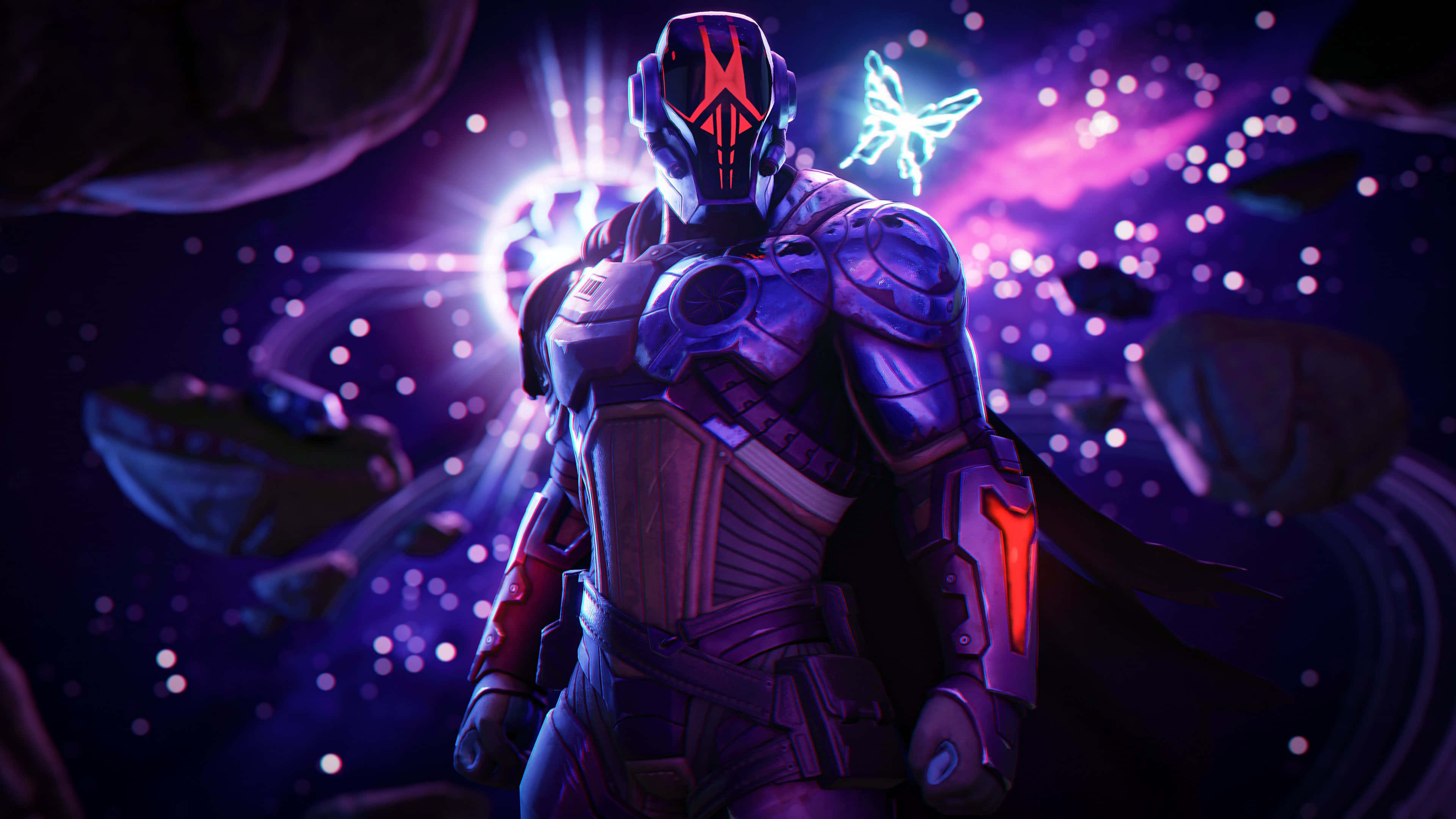 釋放你《Fortnite》頭像的無限潛力 壁紙 — 一個未來風格的裝甲戰士站在宇宙虛空中，身後有發光的紫色星雲和漂浮的小行星。