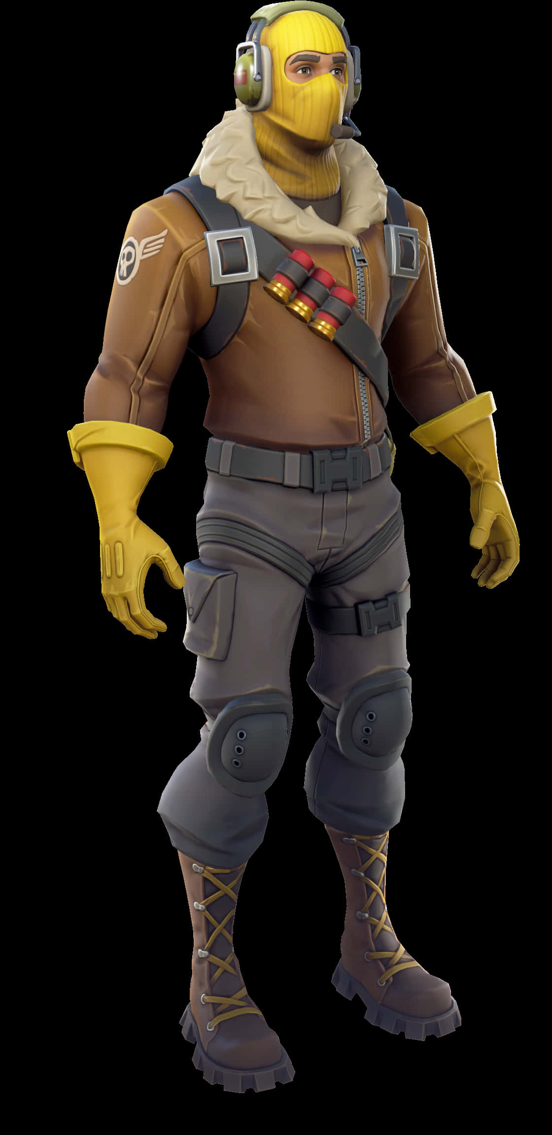 Fortnite 鳥人皮膚角色 壁紙 — 一個黃色巴拉克拉瓦帽和棕色戰術裝備配紅色手榴彈的Fortnite角色的全身數位渲染。