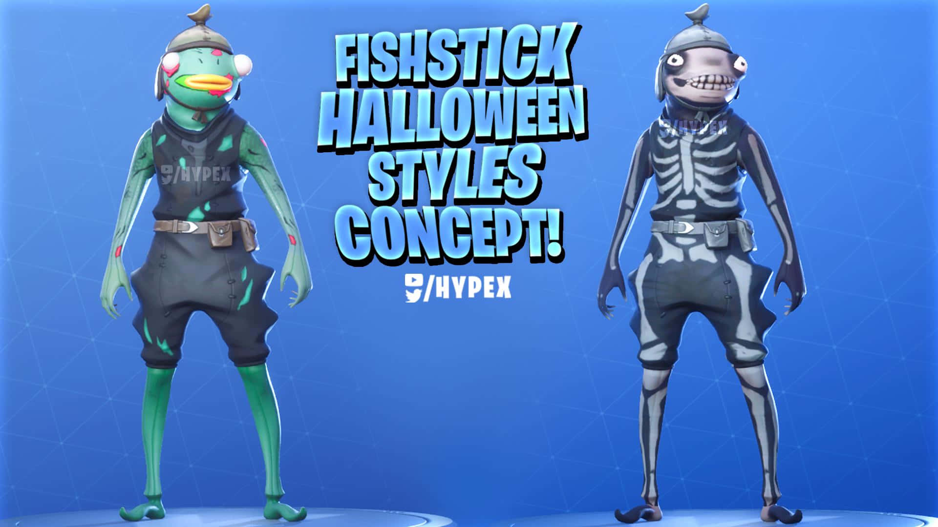 與朋友玩《Fortnite 魚竿》享受歡樂夜晚！ 壁紙 — 兩個 Fortnite Fishstick 萬聖節皮膚並排站在藍色網格背景上，帶有發光文字。