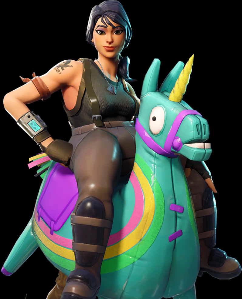 Fortnite角色騎乘彩色羊駝充氣玩偶 壁紙 — 一個 Fortnite 角色自信地站在一隻色彩繽紛的藍綠色和彩虹獨角獸上，獨角獸有黃色的角。