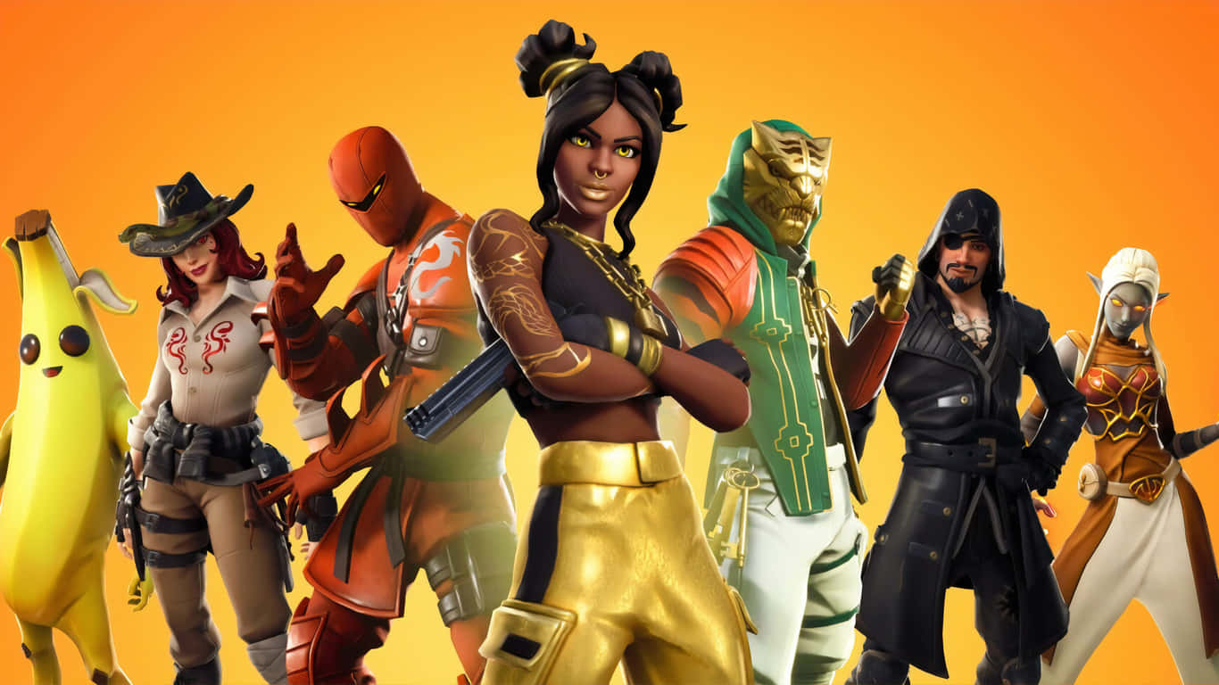《Fortnite》大逃殺：阿爾卑斯山區的生死戰 壁紙 — 七個不同的Fortnite角色穿著鮮豔的服裝，在發光的橙色背景前自信地擺姿勢。