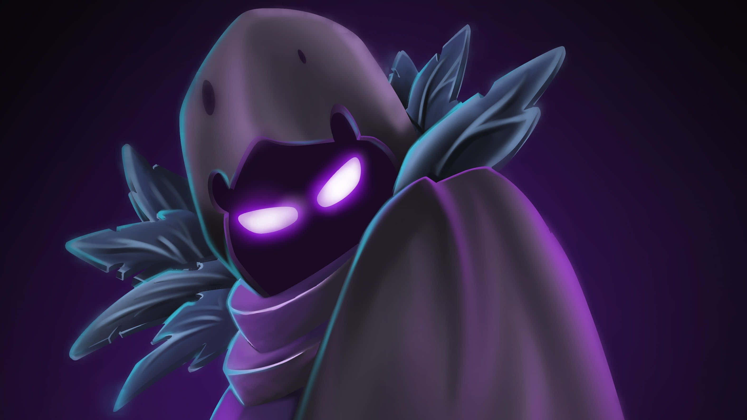 在《Fortnite 競技場》中獲取烏鴉皮膚，展現時尚與兇悍的氣質。 壁紙 — 一個戴著兜帽的身影，擁有發光的紫色眼睛和葉狀翅膀，站在深紫色背景前。