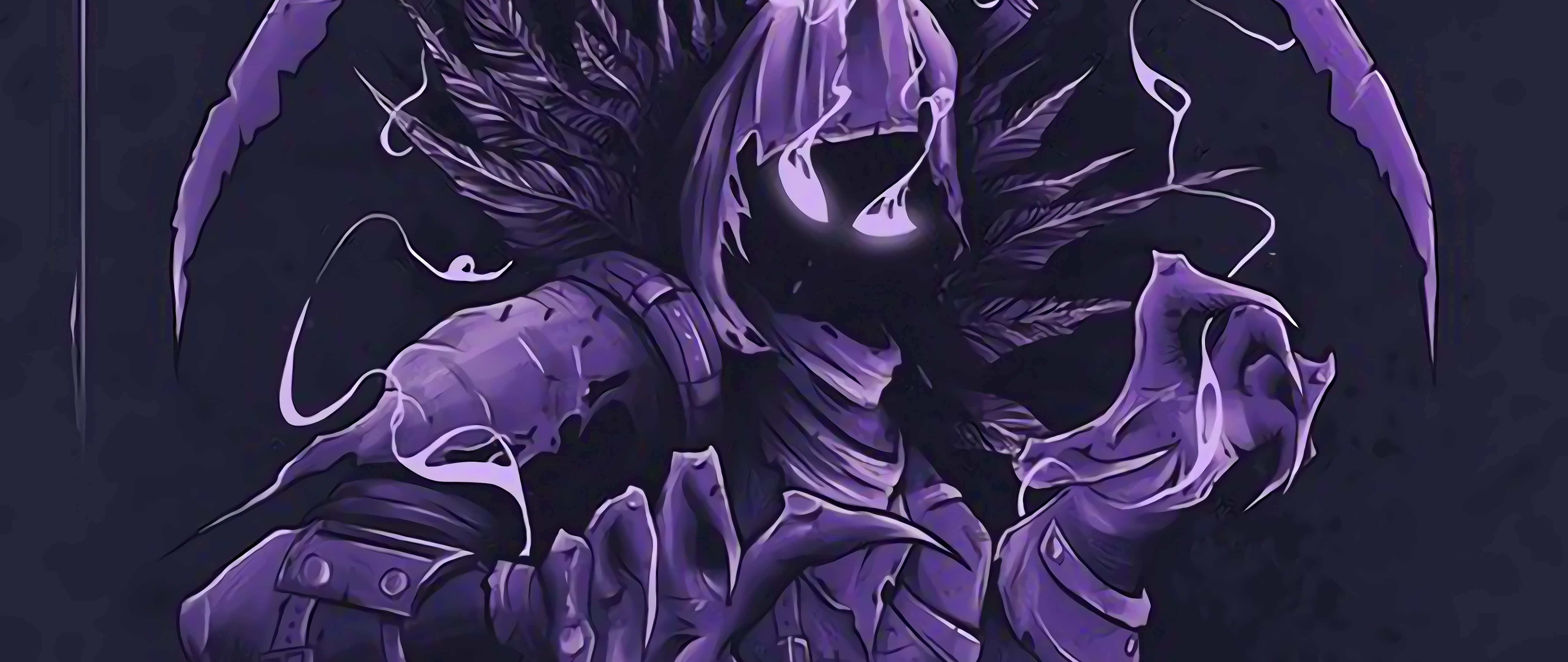 以烏鴉《Fortnite》皮膚展現大膽與叛逆 壁紙 — 一個帶有發光眼睛和羽毛翅膀的威脅性紫色連帽身影，在黑暗背景中隱現。