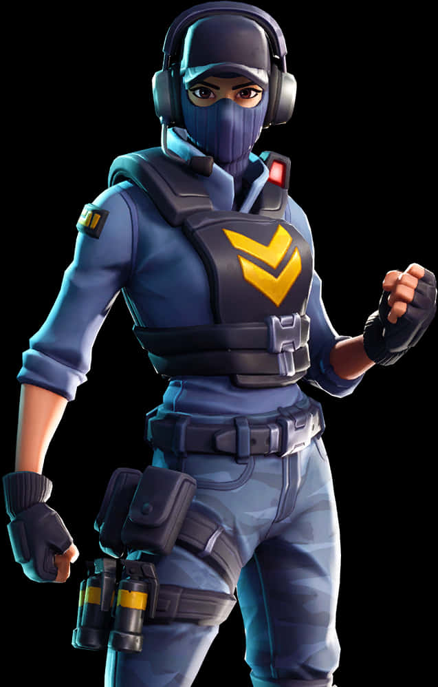 Fortnite 藍色戰士角色 壁紙 — 一個穿著藍色戰術裝備、帶有黃色V標誌的Fortnite角色自信地站在黑色背景前。
