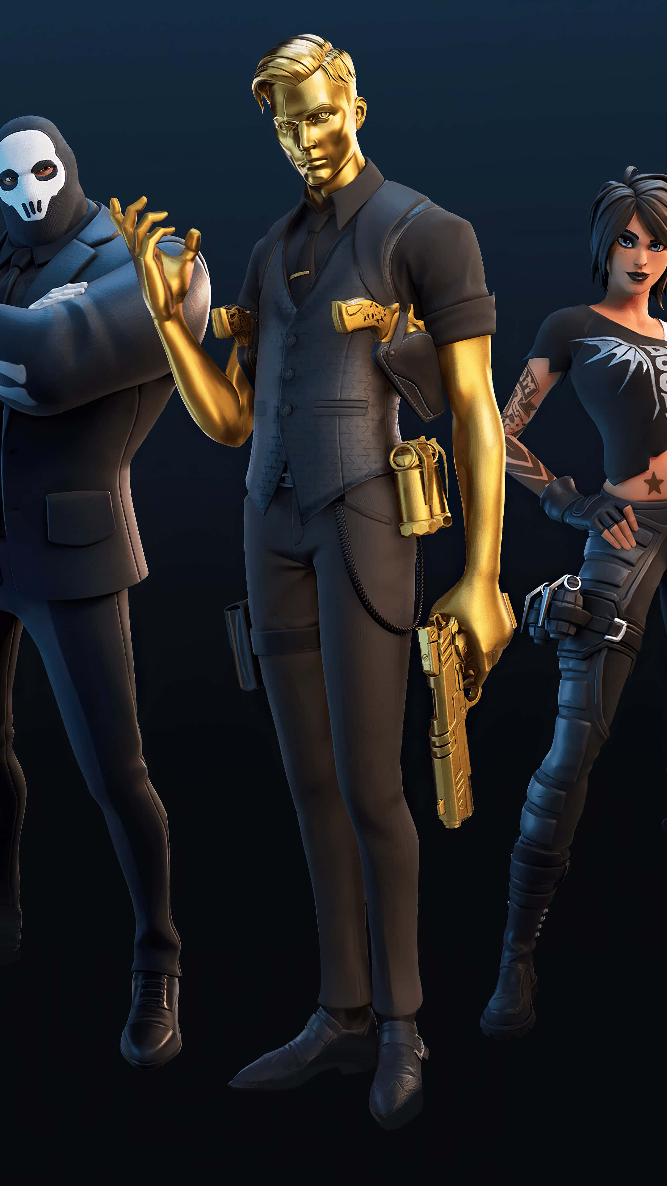 潛入《Fortnite》第四季第二章，加入戰鬥 壁紙 — 三個風格化的電子遊戲角色在黑暗背景下手持金色武器蓄勢待發。