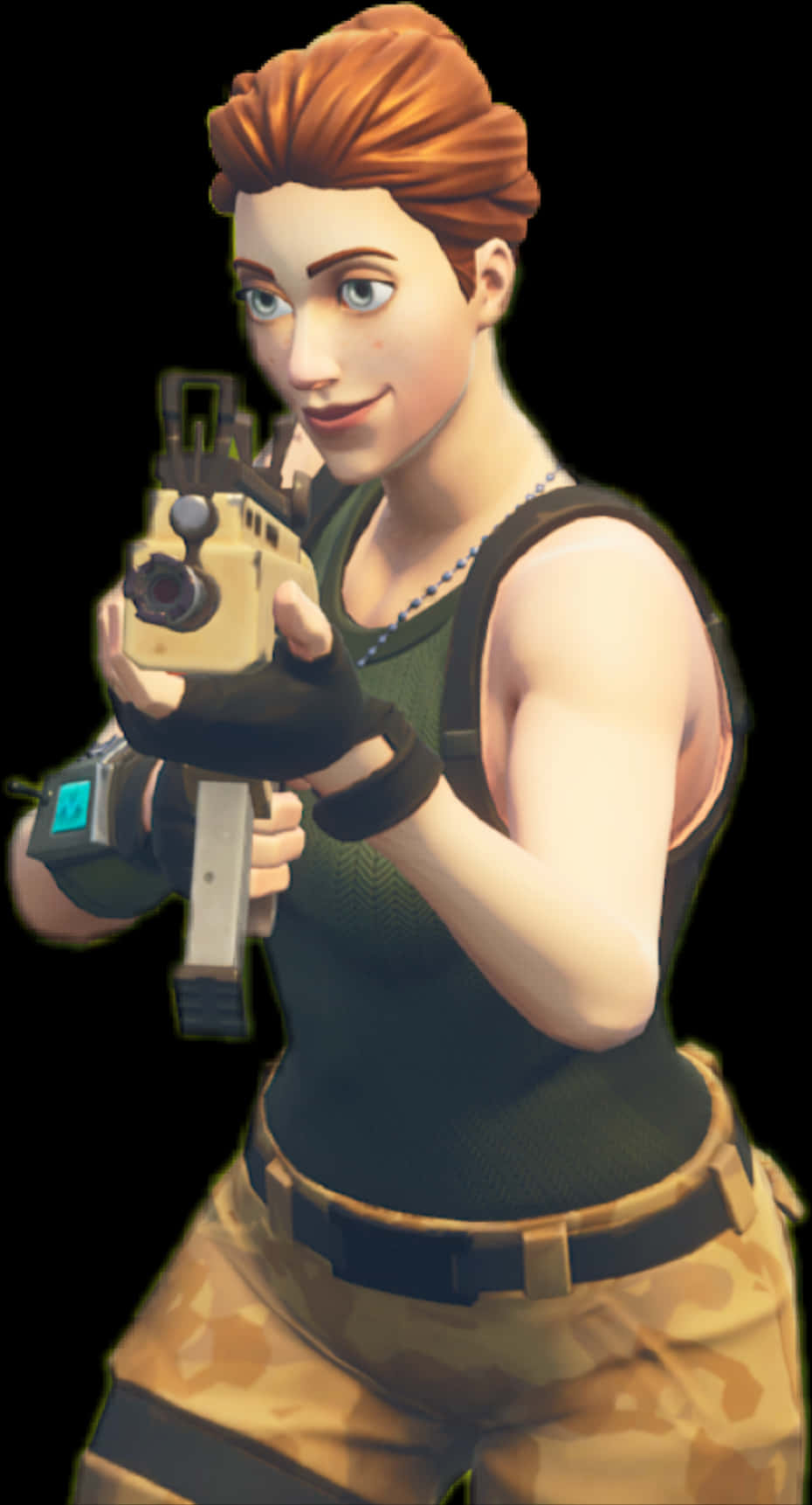 Fortnite 女性預設皮膚持槍 壁紙 — 一個自信的紅髮女性遊戲角色在黑色背景前揮舞著未來武器。