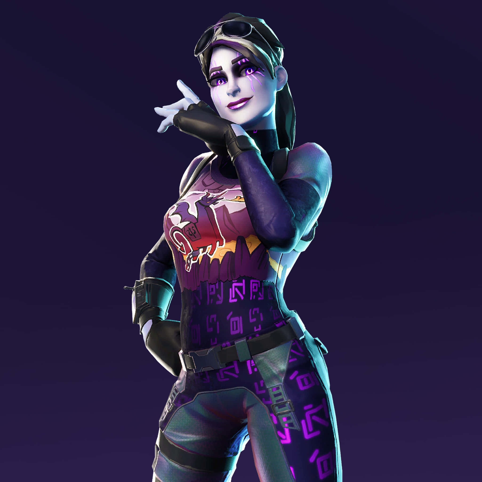 用時尚《Fortnite》頭像讓朋友刮目相看！ 壁紙 — 一個風格化的女性電子遊戲角色，穿著紫色和藍綠色的服裝，在深色漸變背景前自信地擺姿勢。