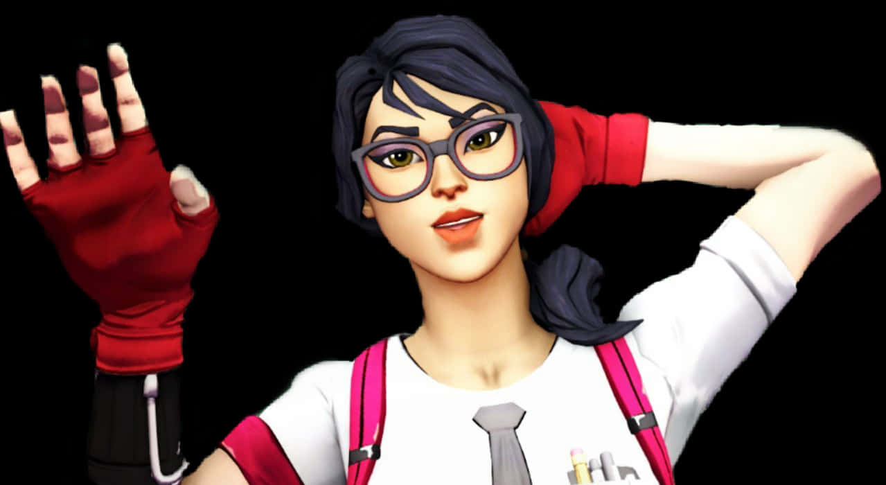 《Fortnite》戴眼鏡背背包角色 壁紙 — 一個風格化的動漫女孩，深色頭髮戴眼鏡，在黑色背景前穿著白色襯衫、粉紅色吊帶和紅色手套，愉快地揮手。