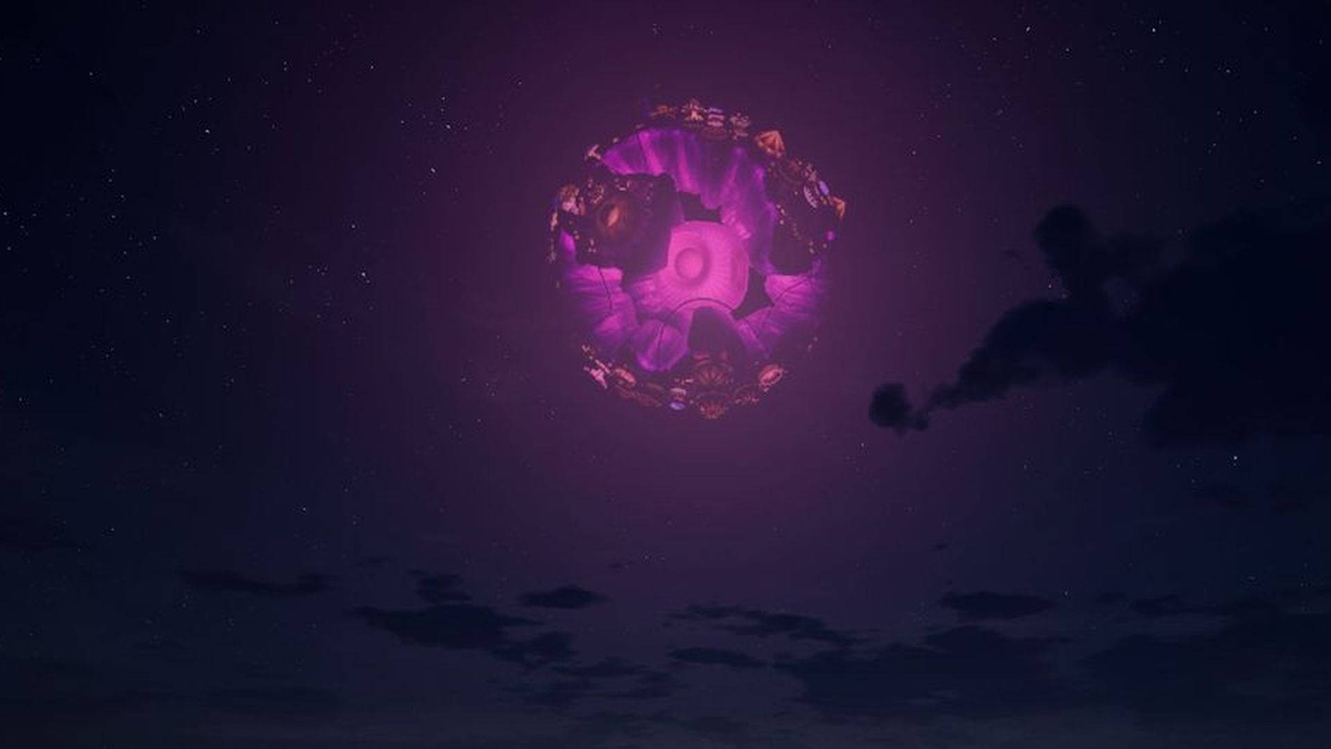 特拉維斯·斯科特《Fortnite》發光粉紅音箱 壁紙 — 一個發光的紫色宇宙球體漂浮在繁星點點的夜空中，下方有烏雲飄動。