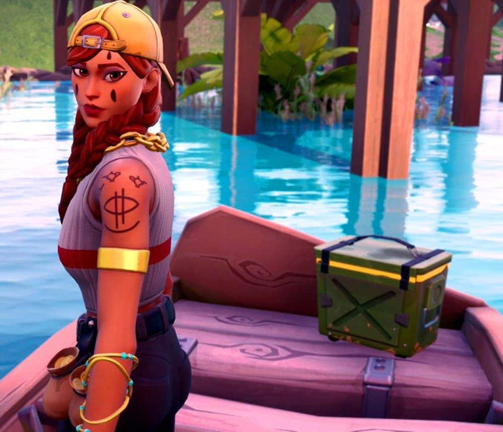 Fortnite角色在船上，熱帶水域上有板條箱，靠近木碼頭