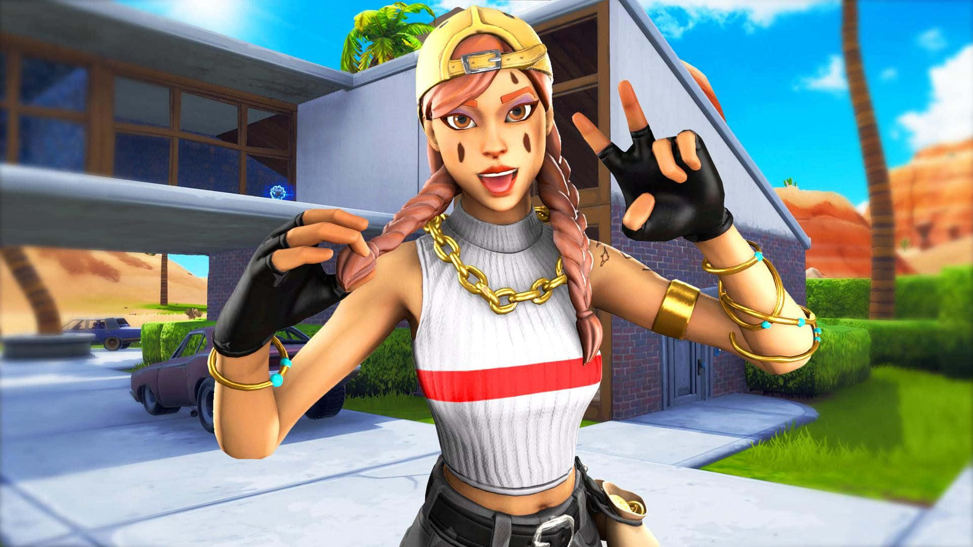 Fortnite角色在棕櫚樹和沙漠背景的房屋前擺姿勢。