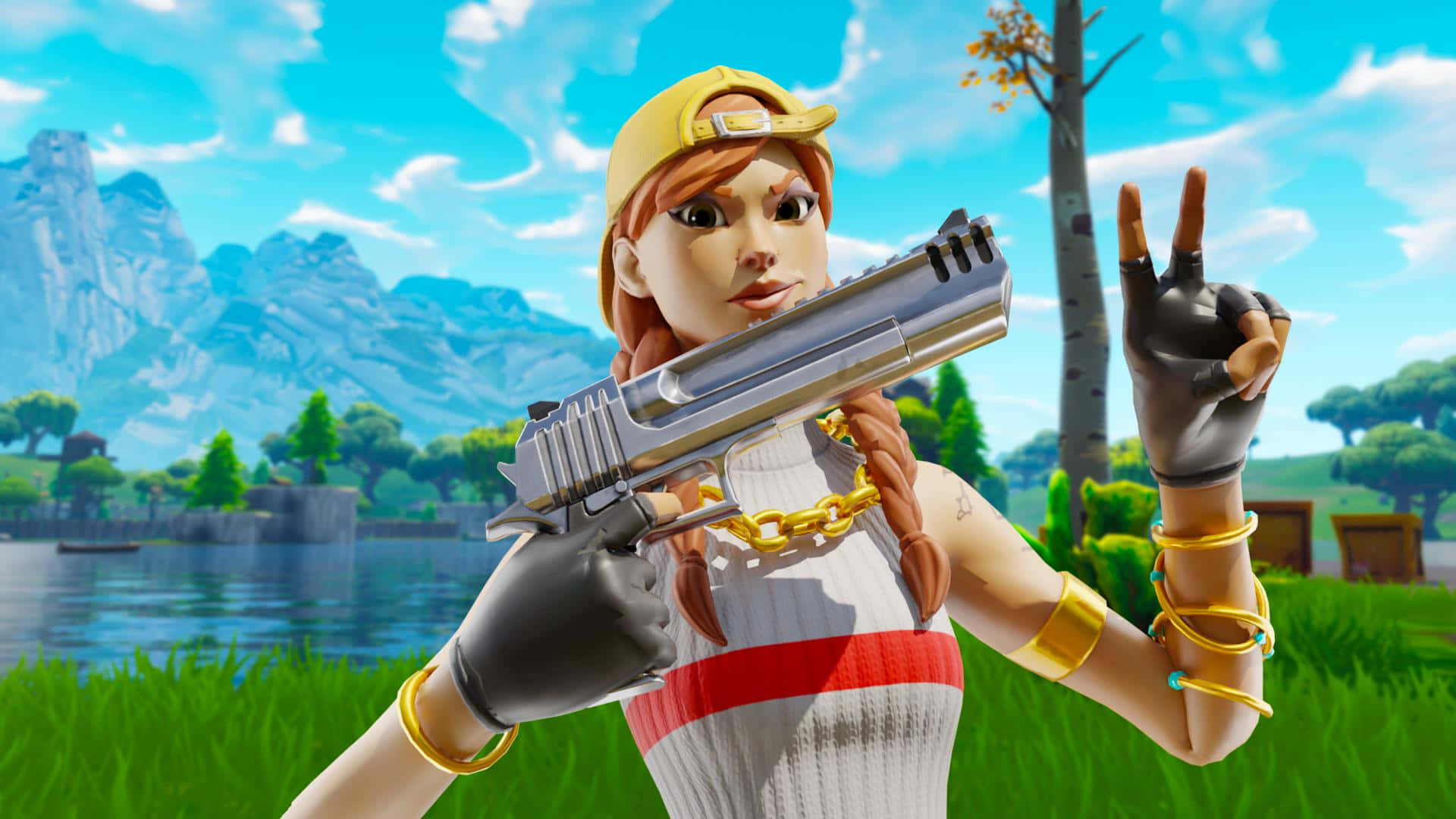Fortnite角色在湖邊拿著手槍和和平手勢