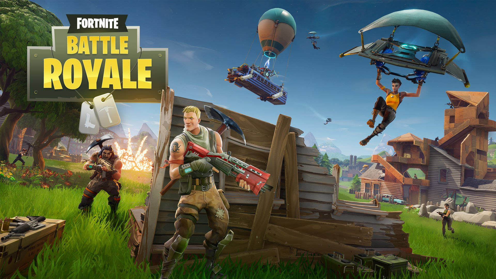 Jonesy 躲藏於《Fortnite》大逃殺桌面壁紙 壁紙 — 《Fortnite Battle Royale》玩家在明亮的藍天下，於木製建築和飛行載具之間戰鬥。
