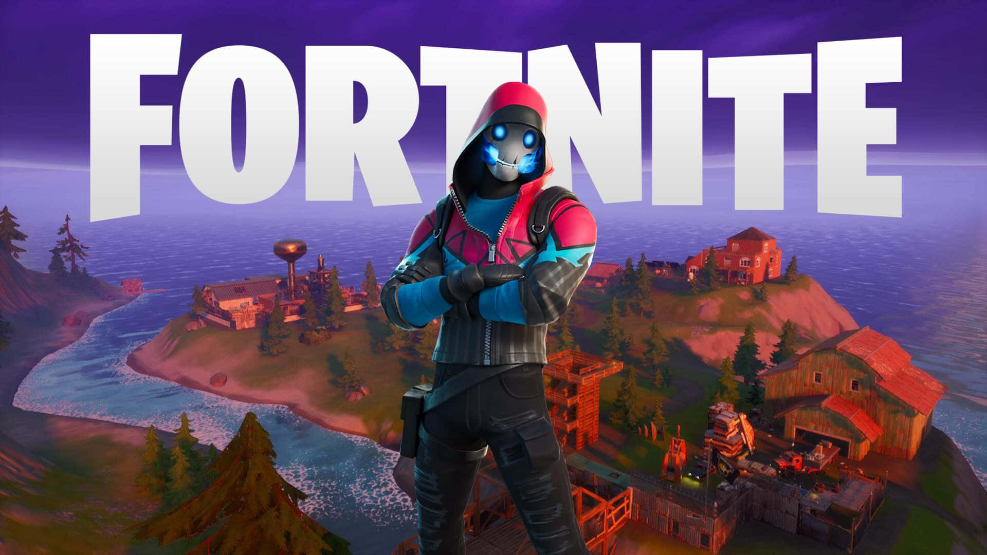 提升你的《Fortnite》遊戲等級，加入Blaze！ 壁紙 — 一個穿著紅色連帽衫的Fortnite角色自信地站在一個沿海島嶼上，眼睛發光，天空呈現戲劇性的紫色。