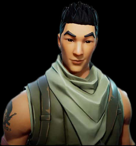 Fortnite預設男性角色肖像 壁紙 — 一個數碼肖像，描繪一個肌肉發達的男性角色，深色頭髮，戴著綠色圍巾，背景為黑色。