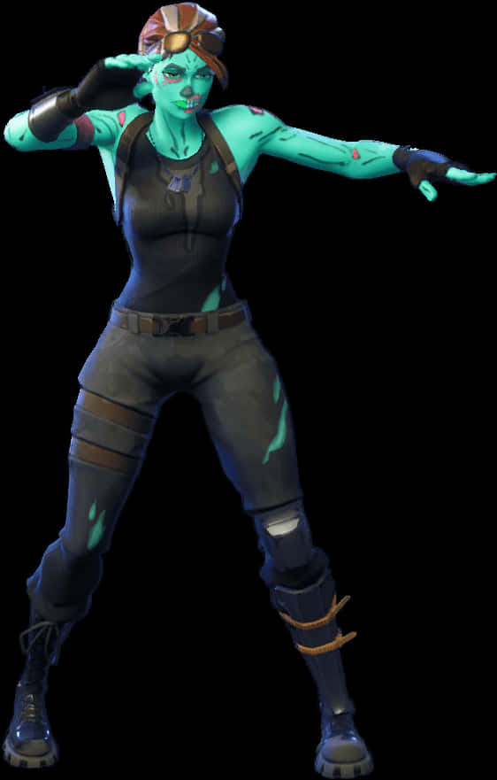 Fortnite 僵屍海盜皮膚 壁紙 — 一位青綠色皮膚的外星女性身穿戰術裝備，一隻手敬禮，另一隻手伸向黑色背景。
