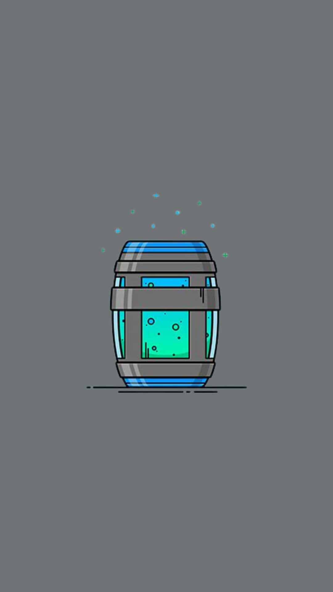 《Fortnite》Chug Jug插畫 壁紙 — 一個風格化的卡通桶，裝有發光的藍色液體和漂浮的粒子，背景為純灰色。