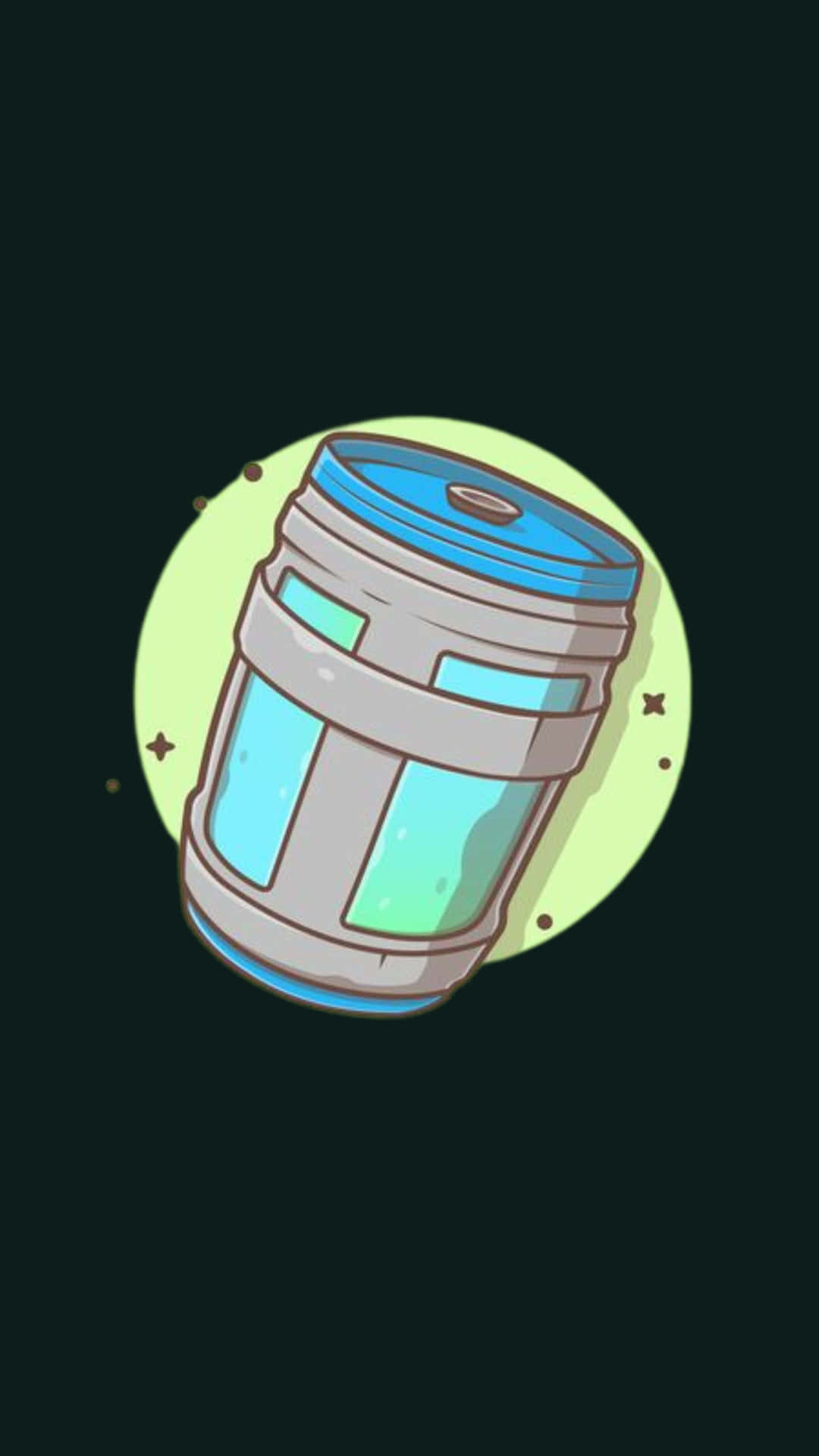 《Fortnite》Chug Jug插畫 壁紙 — 一個卡通風格的水樽，帶有藍色蓋子和發光的青色液體，位於淡綠色圓形背景中央，背景為深色。