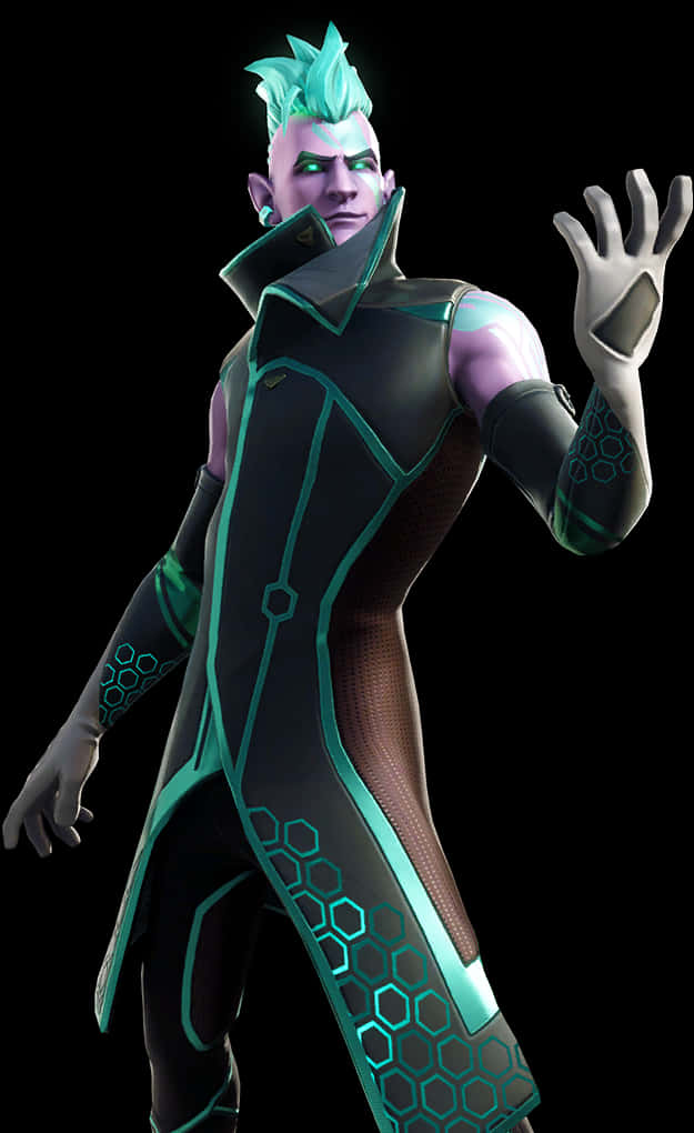 《Fortnite》綠髮角色姿勢 壁紙 — 一個未來角色，擁有發光的青綠色頭髮和六角形科技套裝，在黑色背景前擺姿勢。