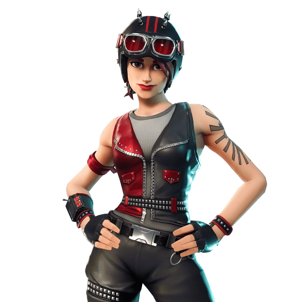 Fortnite 飛行員裝扮角色渲染圖 壁紙 — 一位自信的女性遊戲玩家，身穿紅黑皮革裝備，戴著護目鏡和紋身，在純綠色背景前擺姿勢。