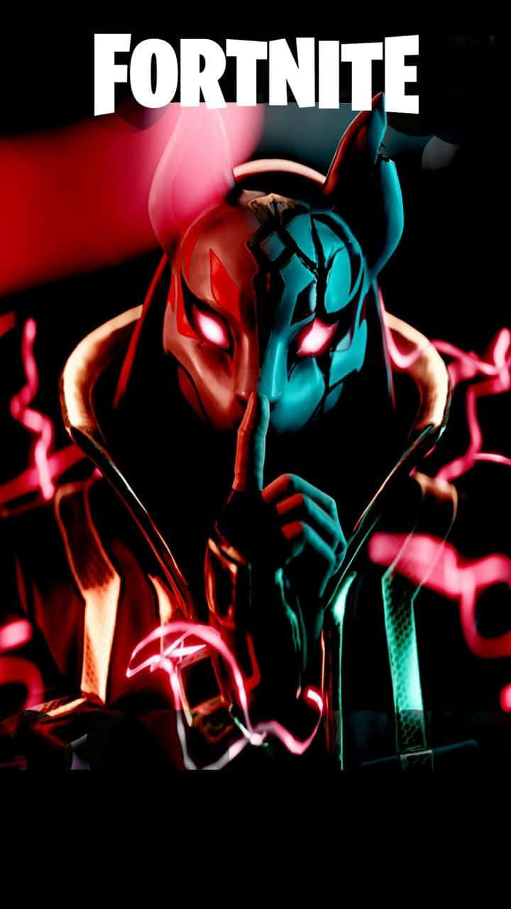 Fortnite手機壁紙：角色Drift 壁紙 — 一個Fortnite角色，擁有分裂的紅色和藍色發光面孔，在黑暗背景上帶有霓虹能量軌跡，將手指放在嘴唇上。