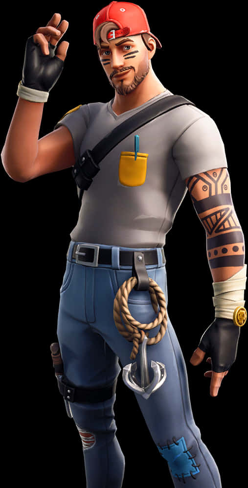 Fortnite 預設皮膚角色姿勢 壁紙 — 一個風格化的電子遊戲角色，戴著紅色帽子、穿著藍色褲子，自信地拿著繩索和錨擺姿勢。
