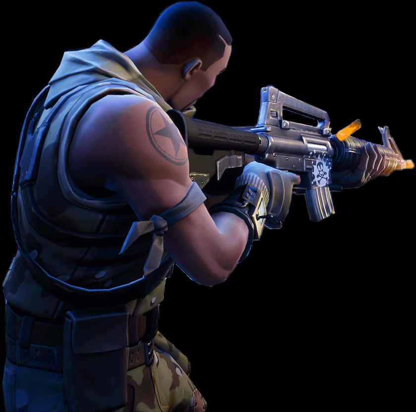 《Fortnite》持突擊步槍士兵 壁紙 — 一名肌肉發達的士兵身穿戰術裝備，在黑色背景前瞄準一把發光的突擊步槍。
