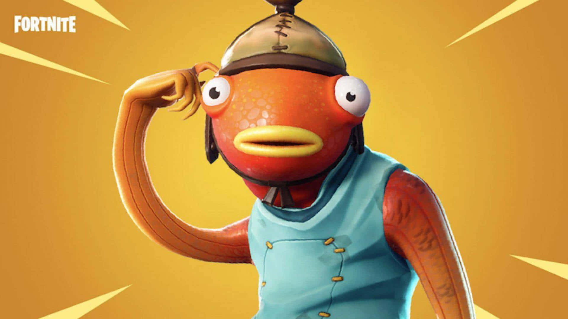 快來看看《Fortnite》新奇搞怪角色——魚條！ 壁紙 — 一個卡通風格的橙色魚角色，穿著藍色背心和頭盔，在耀眼的黃色背景前彎曲手臂。