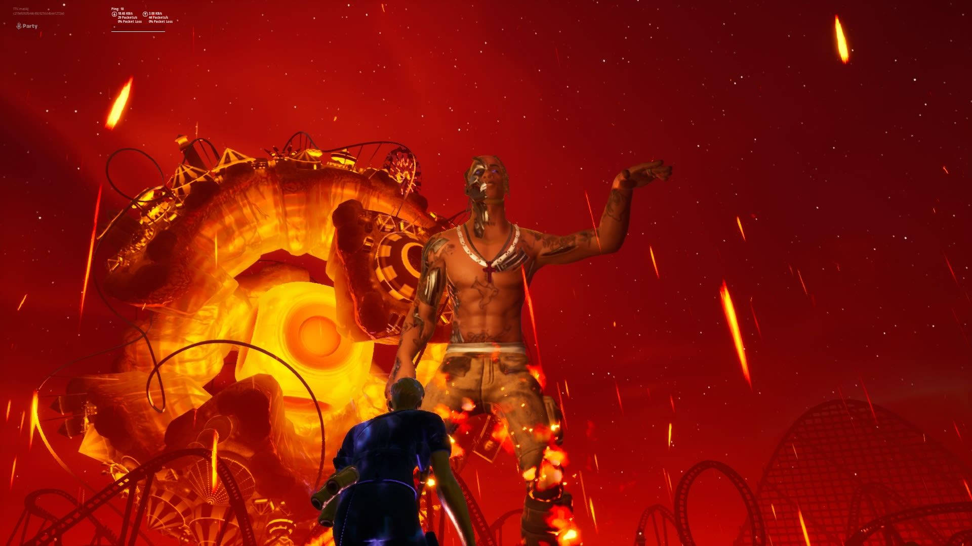 《Fortnite》特拉維斯·斯科特高塔角色 壁紙 — 一個肌肉發達的戰士勝利地站在一個發光的火焰傳送門前，背景是紅色的外星景觀。