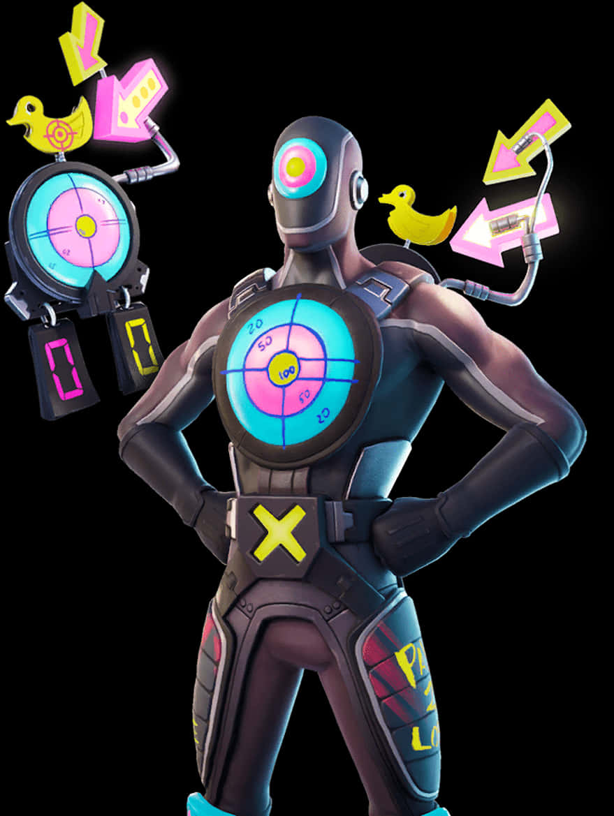 《Fortnite》靶場訓練皮膚 壁紙 — 一個未來風格的裝甲角色，帶有發光的瞄準十字線和黃色鴨子配件，自信地站在黑色背景前。