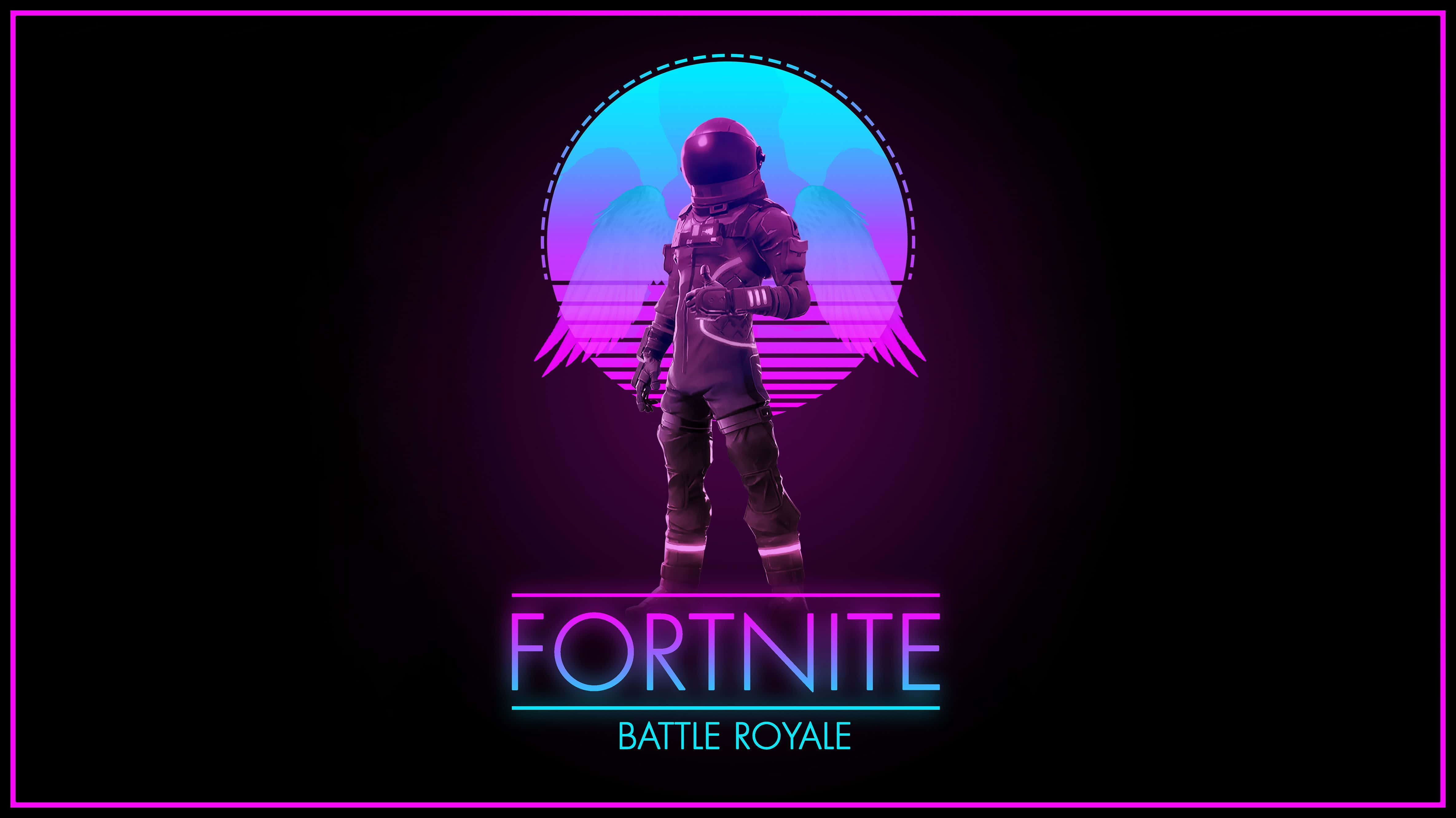 Fortnite宇宙中的精彩戰鬥——策略與技巧的展現 壁紙 — 一個Fortnite太空人站在黑色背景前，面對著帶有紫色和藍色漸變的發光霓虹月亮。