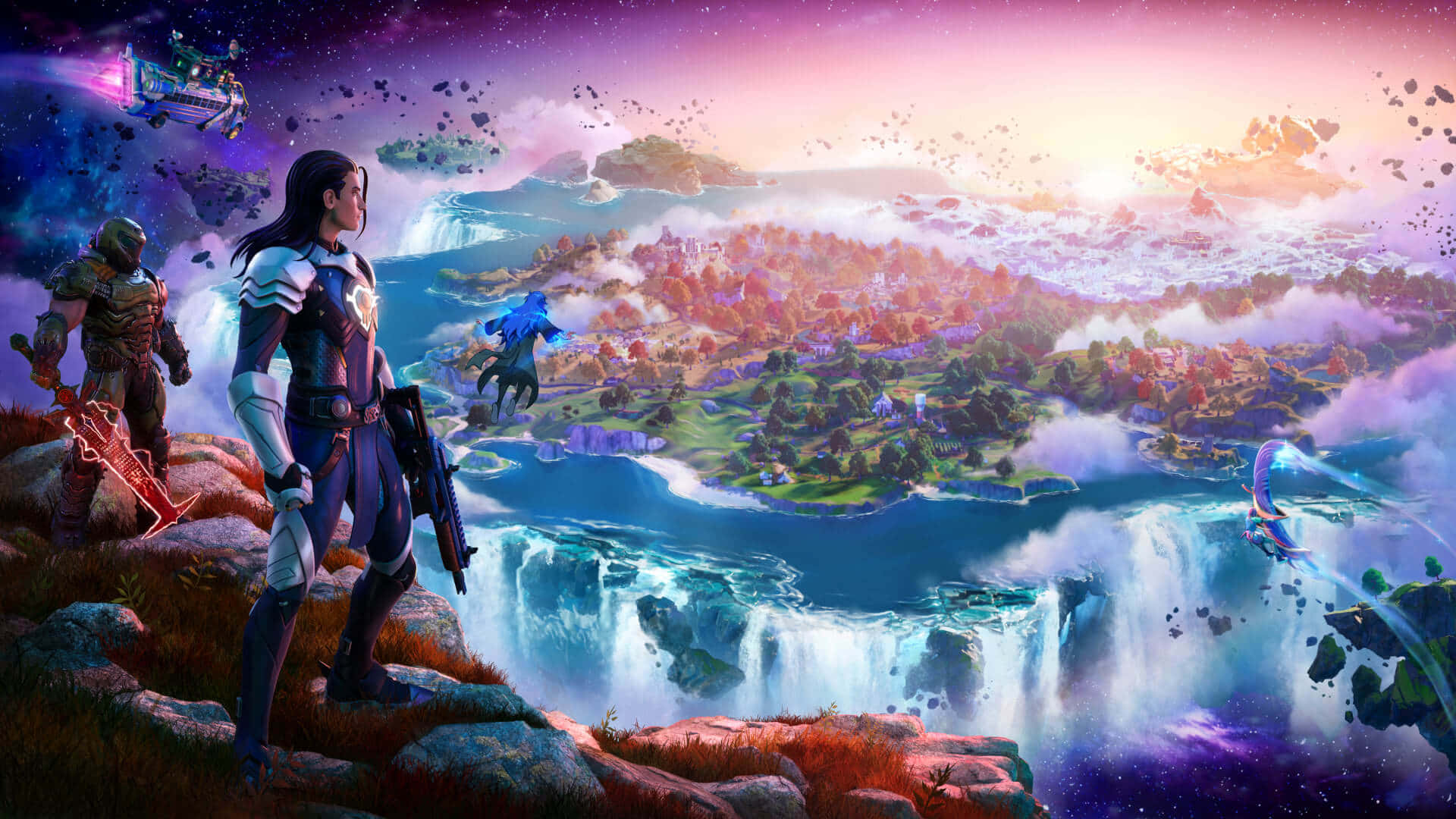 與《Fortnite 星際》一同探索《Fortnite》世界！ 壁紙 — 兩名裝甲戰士站在懸崖上，俯瞰著一個帶有瀑布和發光城市的浮島，在充滿活力的紫色日落天空下。