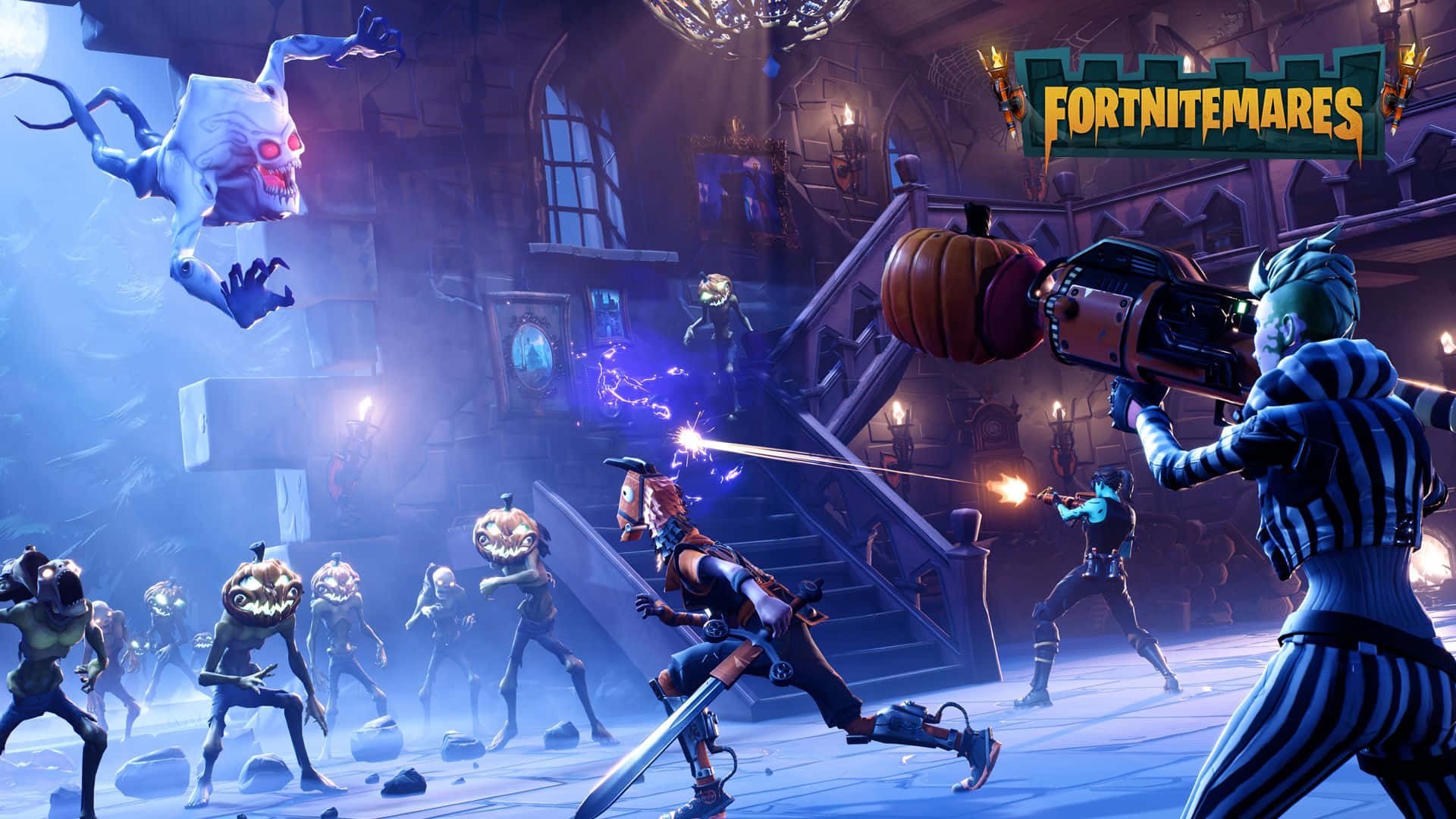 《Fortnite》筆電鎖定畫面 壁紙 — 玩家在Fortnite Mares期間，在陰森的鬼屋中與發光的南瓜頭殭屍和漂浮的幽靈戰鬥。