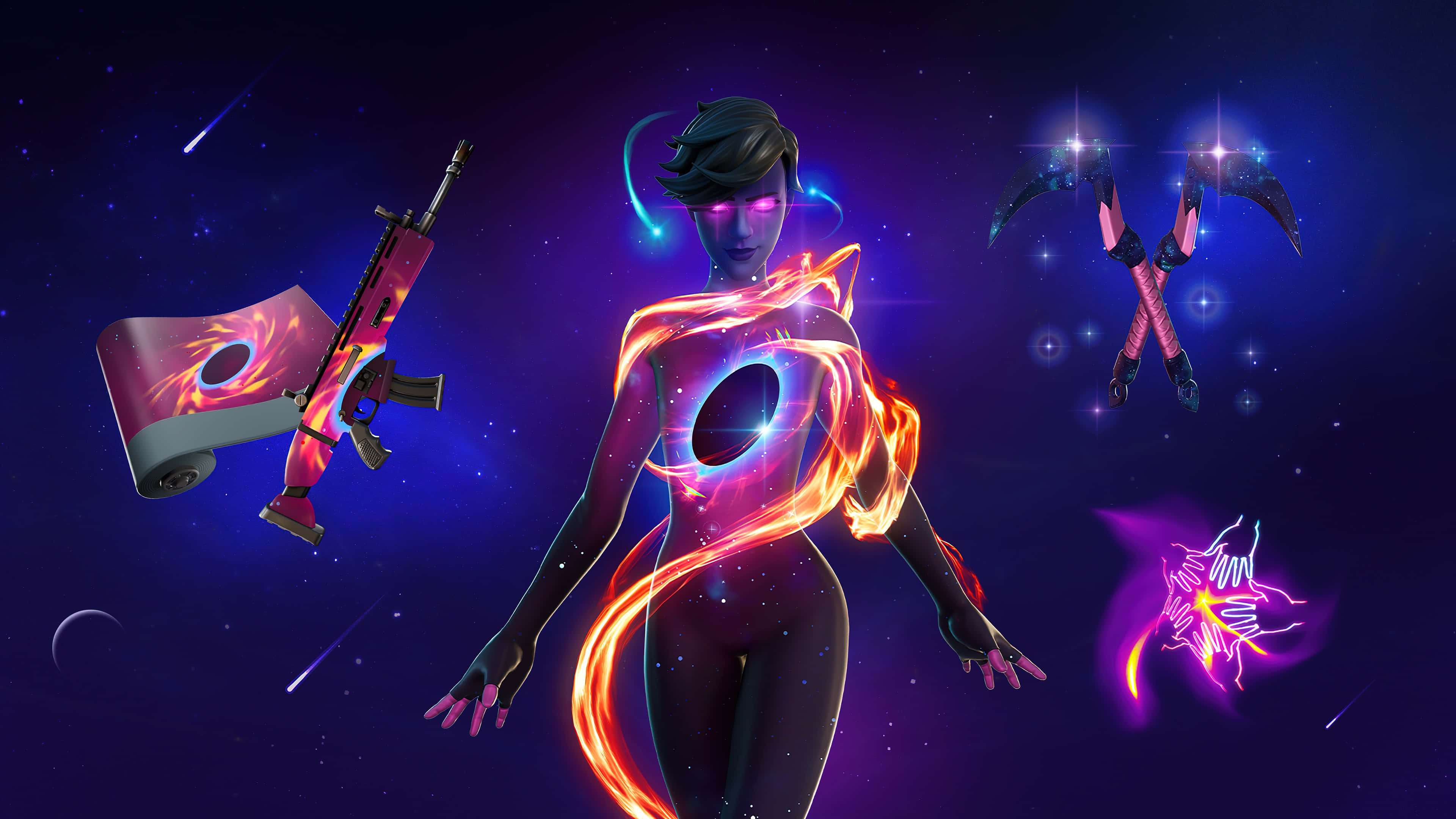 Fortnite Galaxy 浮動物品 壁紙 — 一個發光的宇宙人物帶有霓虹能量軌跡，站在漂浮的武器之間，背景是繁星點點的紫色夜空。
