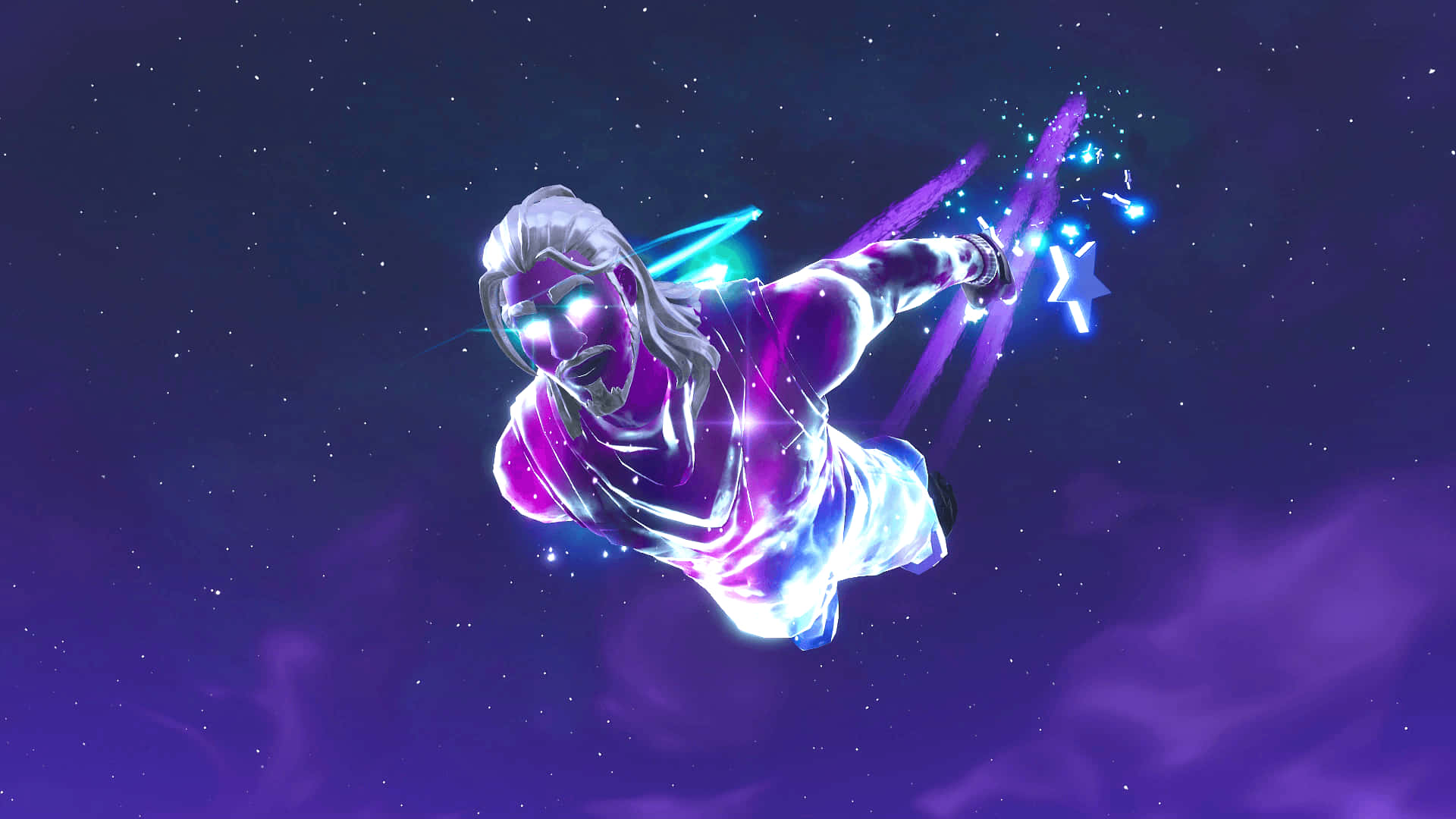 Fortnite Galaxy 跳下銀河 壁紙 — 一位發光的紫藍色宇宙戰士，白髮飛翔在星空夜空，留下閃爍的痕跡。