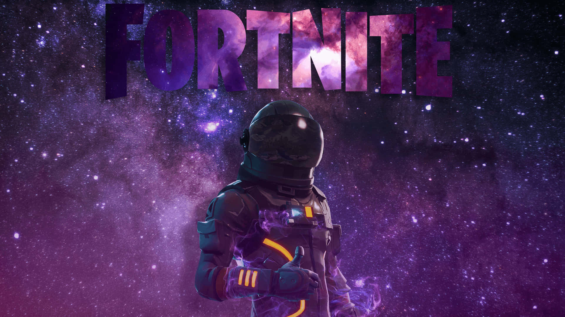 Fortnite Galaxy 戴頭盔 壁紙 — 一個穿著發光套裝的Fortnite太空人，在充滿星星的紫色星雲前豎起大拇指。